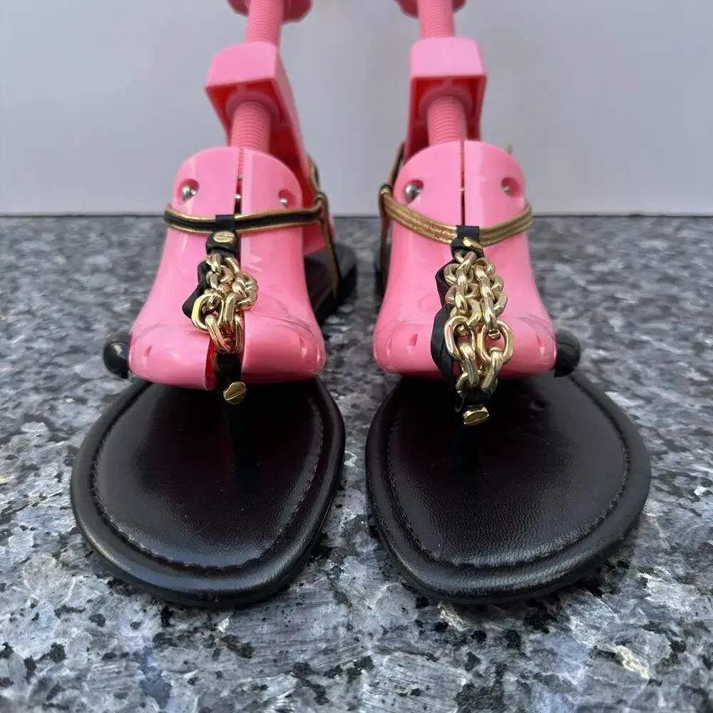 Tory Burch Shane Mestico T-Strap Sandals Women's sz 10 Black & Gold Tone Chain